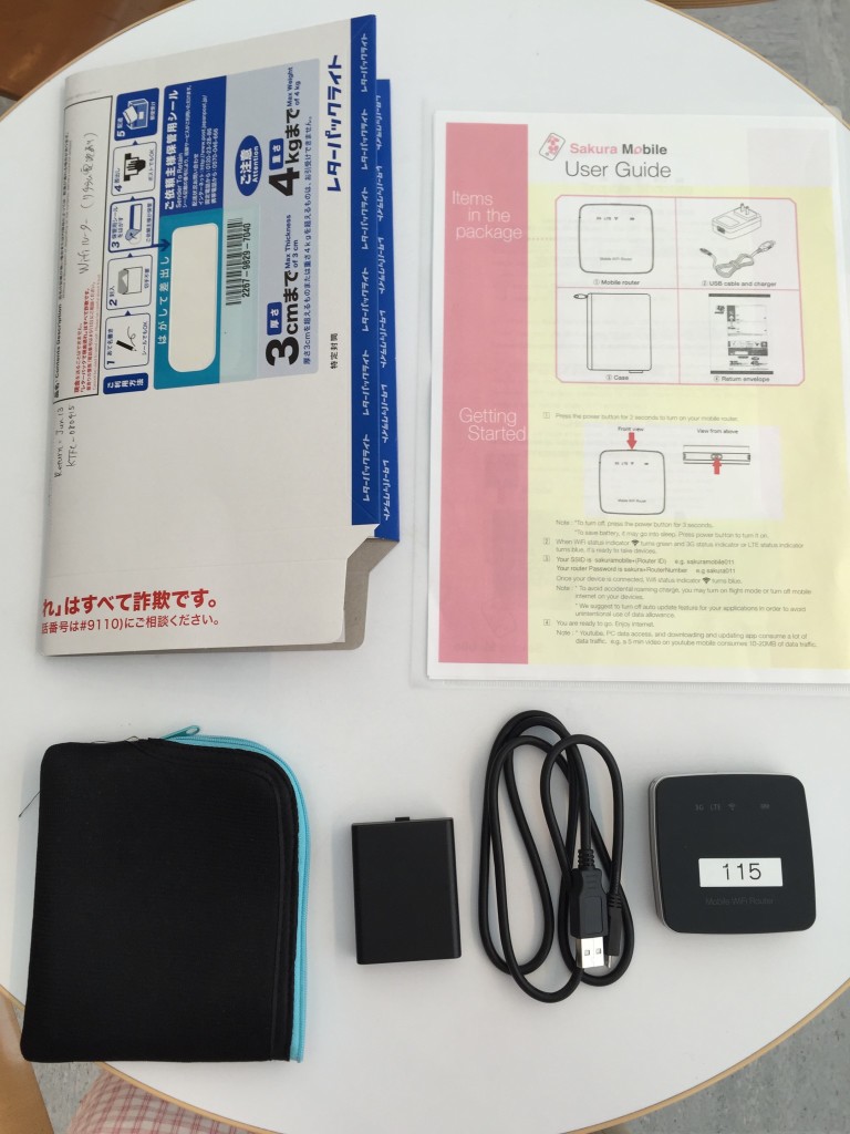 Parcel contents (device, charger, cable, pouch, return envelope, instructions) @2015