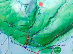 Hiking maps displayed at the Skaftafell National Park visitor centre carpark.