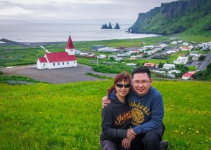 Overlooking the town of Vik with Reynisdrangar (sea stacks) and Reynisfjall (mountain) in background