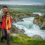 Godafoss. A pedestrian bridge links up both sides of the river.
