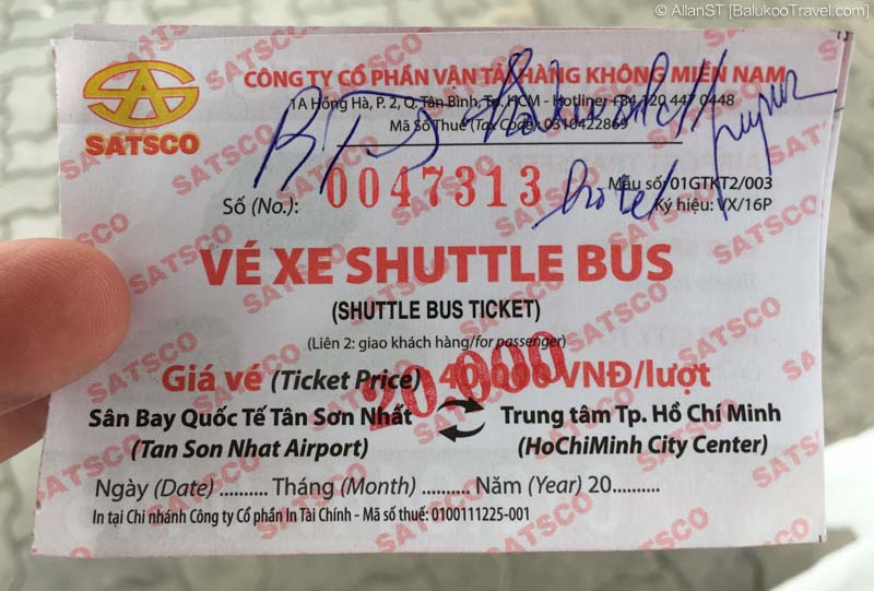 Airport bus ticket. 20,000 Dong is stamped on the ticket. 