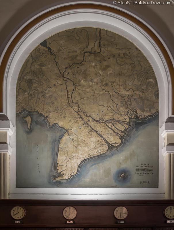 Painted map in Saigon Central Post Office, showing telegraph lines of Southern Vietnam and Cambodia (dated 1892)