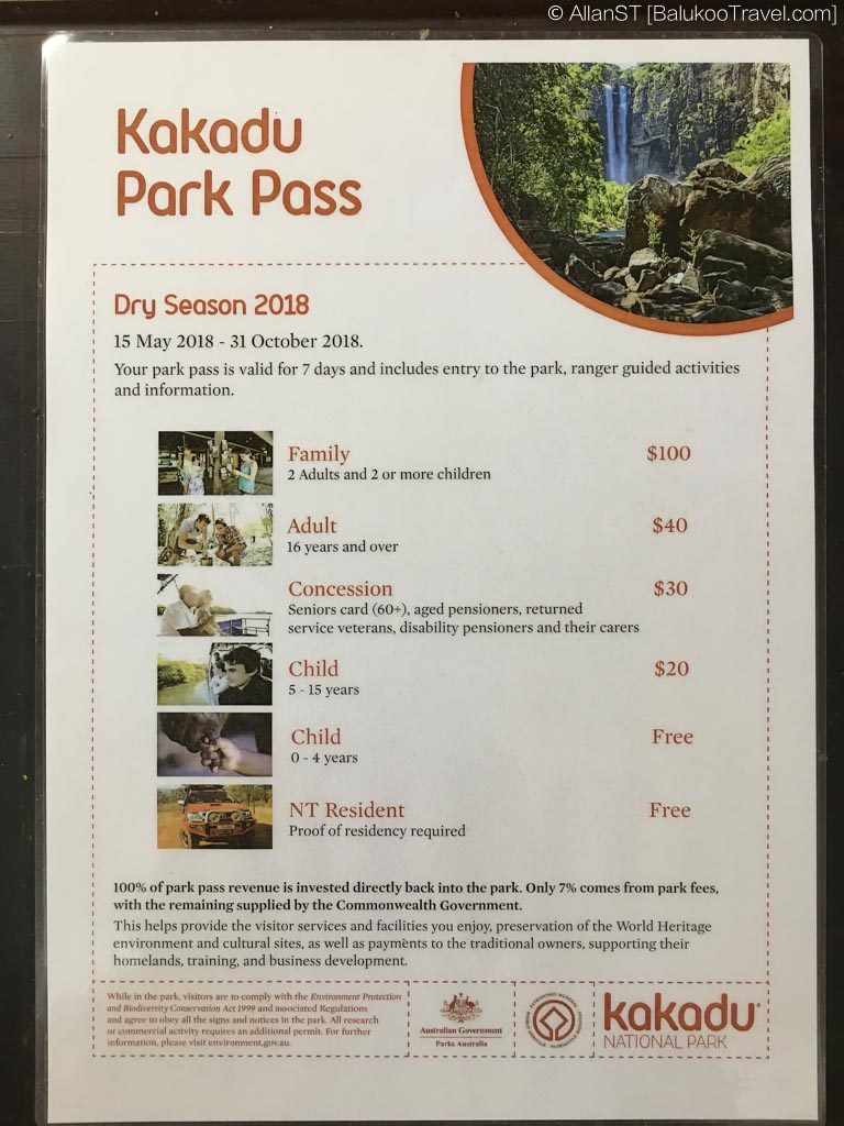 Park pass fee for Dry Season of 2018 (Kakadu National Park)