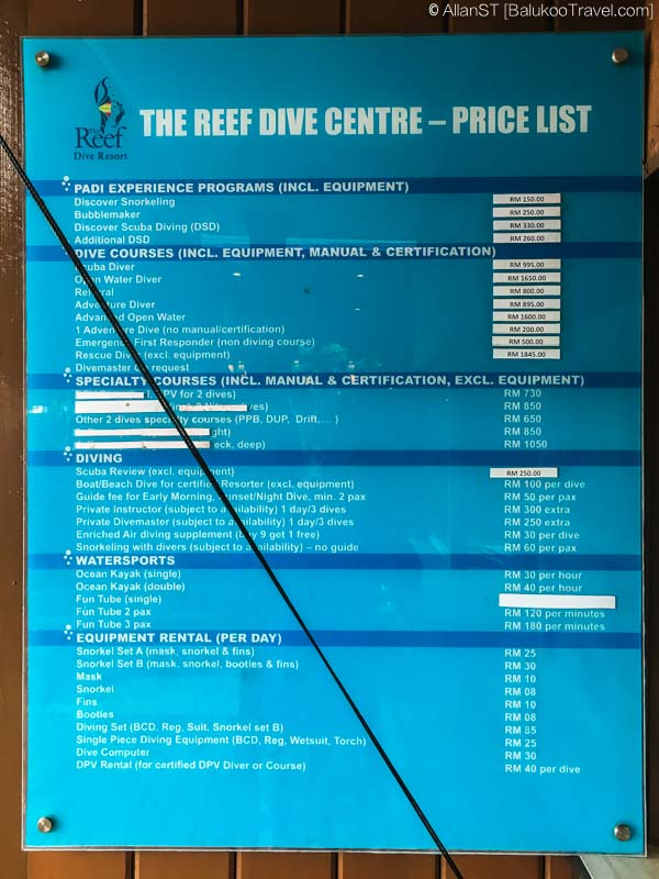 Price list of The Reef Resort's dive centre Price list of The Reef Resort's dive centre