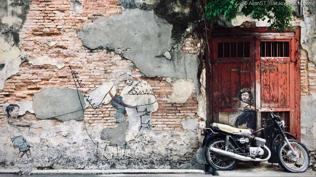Little Boy with Pet Dinosaur and Old Motorcycle, Penang Street Art Little Boy with Pet Dinosaur and Old Motorcycle, Penang Street Art