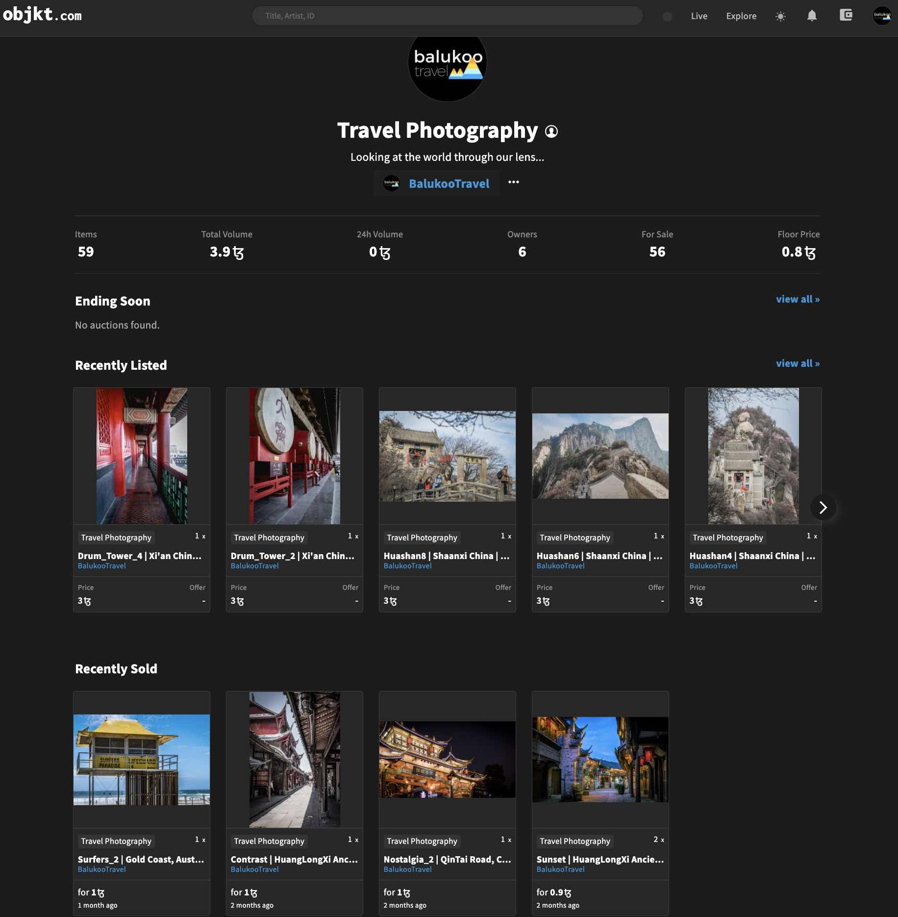 Our profile on the Tezos-based marketplace objkt.com