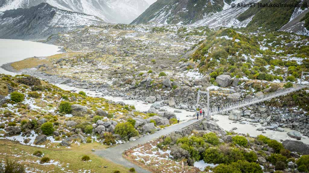 First Swing Bridge as viewed from Mueller Lake Lookout and (Hooker Valley Track) 