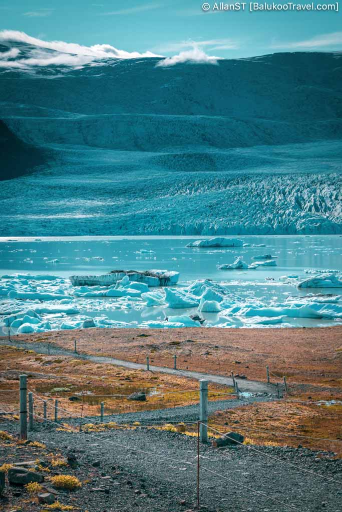 Fjallsarlon Glacier Lagoon. A quieter glacier lagoon with floating icebergs and fewer visitors compared to Jökulsárlón.